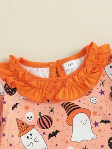 Toddler Girls Hallloween Clothes Set Ghost Pattern Long Sleeve Ruffled Ttim Tops With Striped/Solid Color Pants 2 Pcs Outfit - Orange - View 6