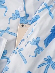 2pcs Sweet Blue Bow Print Women Pajama Set, Long Sleeve Lapel Top And Loose Elastic Pants, Suitable For Holiday Party, Casual Wear, All Seasons, Fall Clothes - Blue - View 3