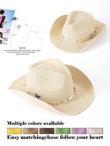 1pc Shell & Starfish Bohemian Straw Bow Panama Hat, Beach Holiday Sun Hat, All-Season Fashion Versatile Commuter Hat, Unisex - Straw Hat - View 1