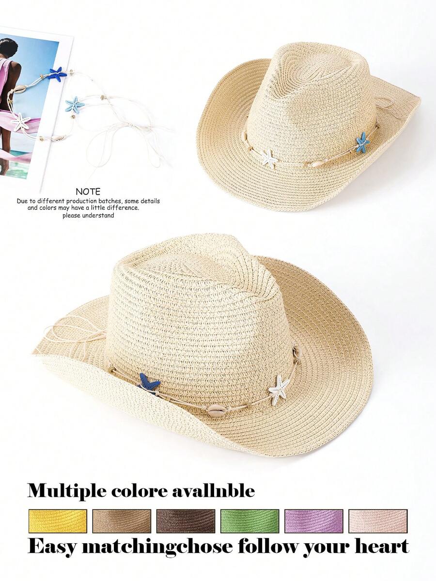 1pc Shell & Starfish Bohemian Straw Bow Panama Hat, Beach Holiday Sun Hat, All-Season Fashion Versatile Commuter Hat, Unisex - Straw Hat - View 1