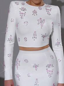 Nuevo conjunto de lujo negro de industria pesada con clavos, incrustaciones de diamantes y parte superior corta, conjunto de falda corta, conjunto de vendaje de dos piezas, vestido de invitada de boda dama de honor, conjunto de fiesta de festival para mujeres