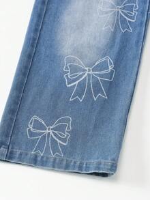 2pcs Girls Casual Fashion Blue Pocket Butterfly Print Denim Long Sleeve Jacket And Blue Denim Pocket Pants Set
