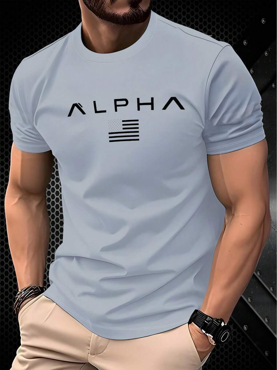 Camiseta de manga corta verde de 100% poliéster con diseño personalizado, texto "ALPHA" e impresión de logotipo minimalista, tela transpirable, casual, de secado rápido y ligera para hombre en verano - Multicolor - Ver 1