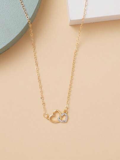 1pc Fashionable Minimalist Double Heart Hollow Necklace, Suitable For Daily Wear And As A Gift For Dates