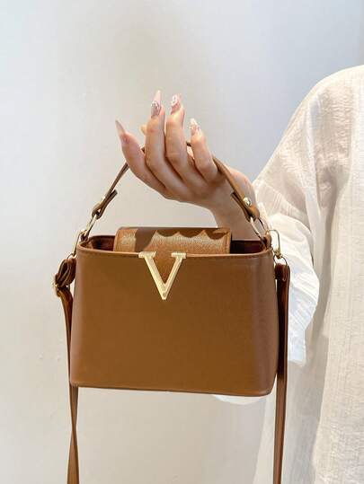 Fashionable Mini Solid Color Minimalist Metal Lock Decor Waterproof PU Tote Bag, Suitable For Shopping, Carrying, Young Women, College Students, Young Professionals, Office Workers. Perfect For Office, School, Work, Business, Commuting, Outdoor Activities, Travel And Short Trips.