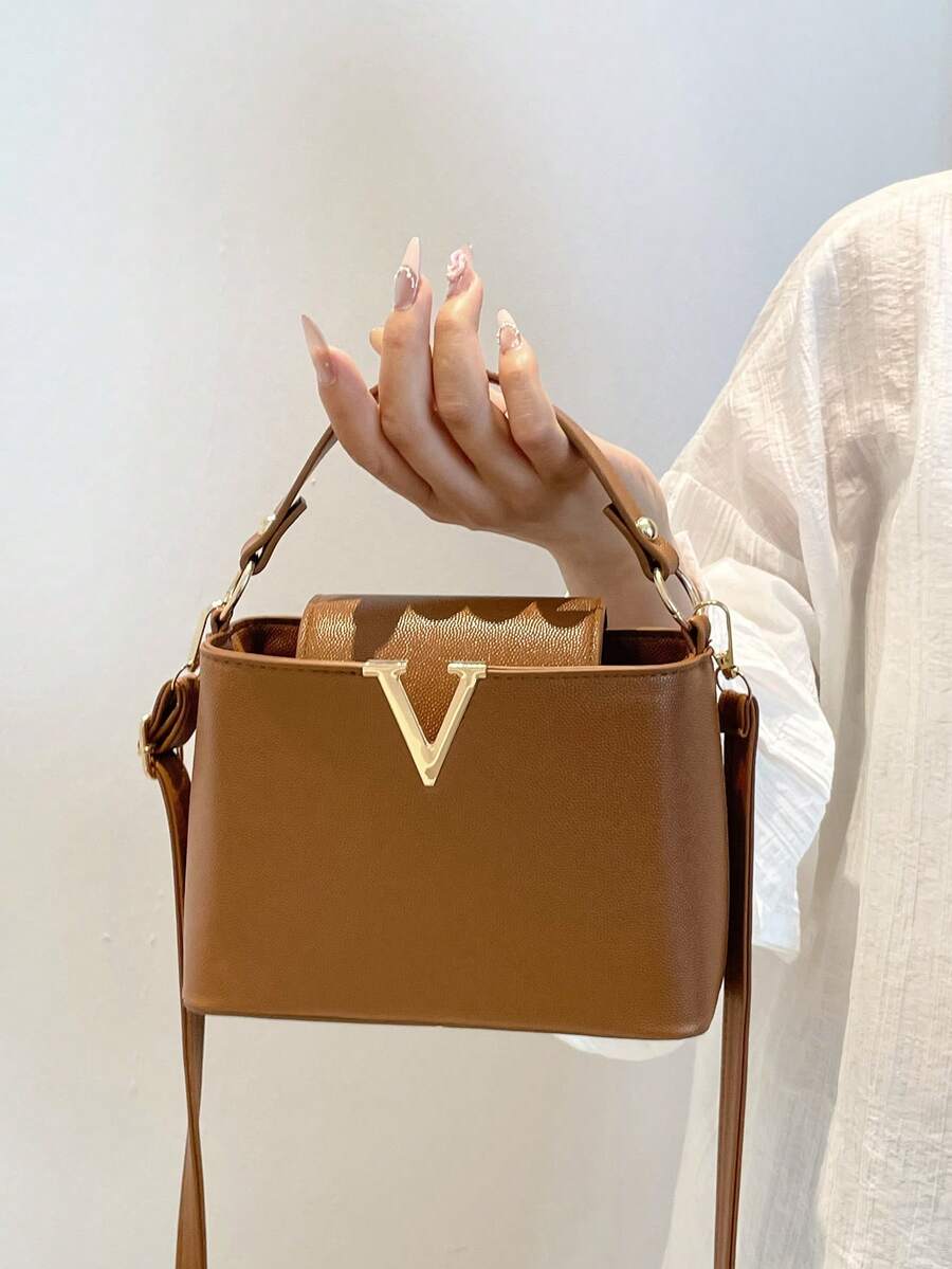 时尚迷你纯色简约金属锁扣装饰防水PU手提包，适合购物、携带，适合年轻女性、大学生、年轻职业人士、上班族。完美适用于办公室、学校、工作、商务、通勤、户外活动、旅行和短途出行。