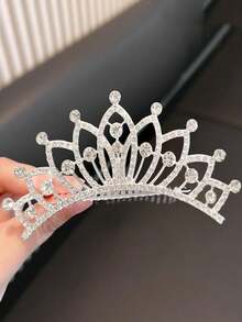 1pc Large Size Girl's Crown Hair Clip, Rhinestone Hair Fork Suitable For Birthday Party, Festival, Wedding Decoration - Silver - View 10