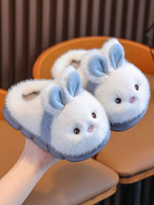 Pantuflas para niños, diseño de conejo lindo de dibujos animados, nuevas para otoño e invierno 2025, para niños y niñas, pantuflas de casa esponjosas, de dedo cerrado, para dormitorio, con suela suave
