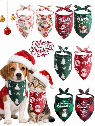 2 piezas Pañuelos ajustables de Navidad para mascotas de poliéster con estampado a cuadros rojos y verdes de Papá Noel, muñeco de nieve y hombre de jengibre, adecuados para gatos y perros, decoraciones navideñas para el hogar, regalos 2025, suministros para fiestas