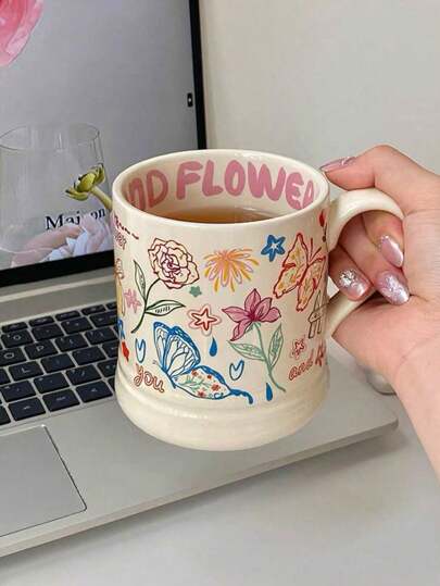 可爱涂鸦蝴蝶奶油色陶瓷杯 - 容量大，适合用作咖啡杯、节日礼物、办公室/家庭饮具、公司礼物或送给朋友/返校的礼物