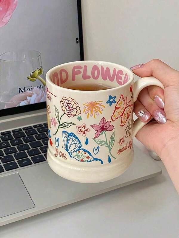 可爱涂鸦蝴蝶奶油色陶瓷杯 - 容量大，适合用作咖啡杯、节日礼物、办公室/家庭饮具、公司礼物或送给朋友/返校的礼物