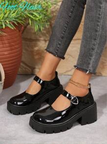 Foot Flair 女款（尺码偏小）玛丽珍厚底粗跟踝带Y2K哥特洛丽塔牛津经典舒适校服正装鞋 - 黑色 - 查看 6