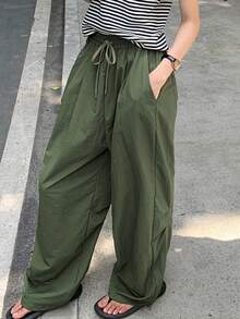 2025 春夏休闲百搭宽松飘逸半透明纯色沙滩裤 - 軍綠色 - 查看 3