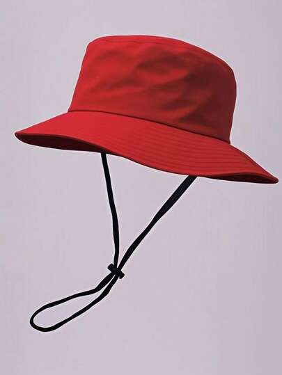1pc Unisex Solid Color Bucket Hat With Adjustable Windproof Rope, Lightweight Fashion Sports Sun Hat For Outdoor Travel, Hiking, Climbing, Casual Wear, Summer Sun Protection