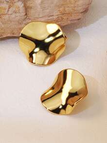 1 Pair Asymmetrical Wavy Gold Metal Earrings, Suitable For Women's Daily Wear Jewelry Accessories - Gold - View 3