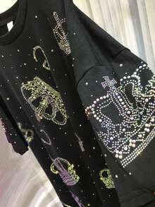 Oversized Graphic Tees For Women Cotton Loose Fit Rhinestone T Shirts Crew Neck Baggy Sparkle  Summer Tops Casual Party Fashion - 黑色 - 查看 2