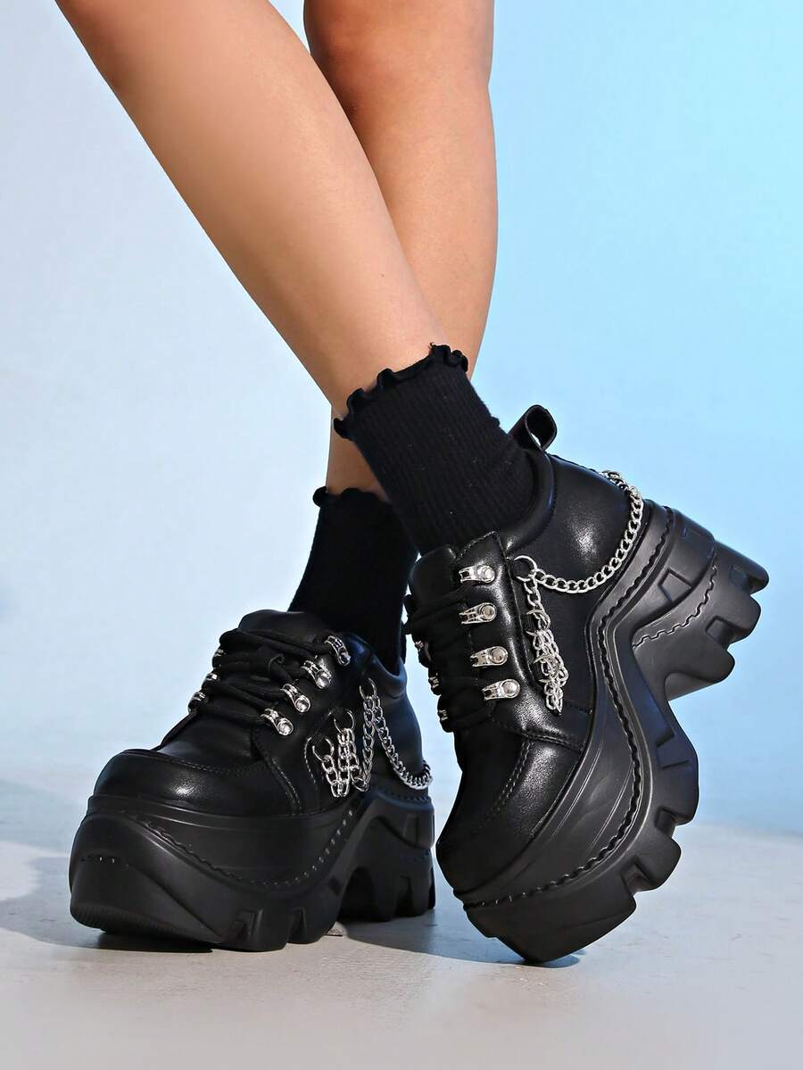 Women's Punk Style Lace-Up Metal Eyelet Platform Casual Sneakers, Versatile Business Shoes - Black - View 1