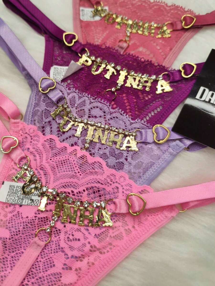 Lace Thong Panties With The Word P.U.T.I.N.H.A Rhinestone Lingerie Underwear - Đỏ - Xem 1