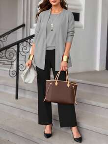 3pcs/Set Women Casual Solid Color Outfit: Jacket Cardigan + Round Neck Sleeveless Tank Top + Elastic Waist Draped Pocket Straight Leg Pants, Spring/Autumn/Winter