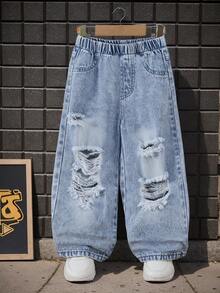 1pc Toddler Boys' Fashionable Distressed Denim Wide Leg Jeans, Streetwear Style, Autumn/Winter New Arrival