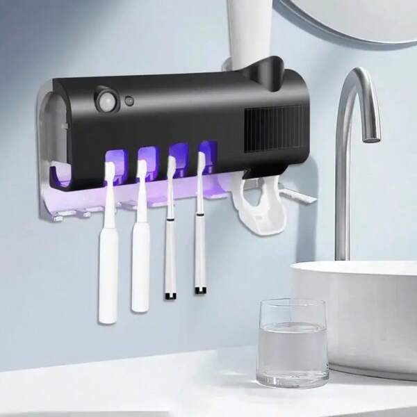 Intelligenter Zahnbürstenhalter, Zahnpastaspender, Zahnpastapresse, USB-Aufladung 400 mAh Batterie, lange Akkulaufzeit, intelligenter automatischer Zahnpastaspender für die Badezimmerwand, wandmontierter Zahnbürstenhalter, Drei-in-Eins Zahnbürstenaufbewahrungsbox, kann gleichzeitig 4 Zahnbürsten aufnehmen, Küchen- und Badezimmer-Accessoires, platzsparend