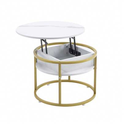 【昇降式/大理石調】センターテーブル 円形 大容量収納 北欧風 MDF製 65×65cm ホワイト+ゴールド脚 スチール脚 リビング コーヒーテーブル