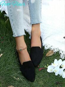 Sapatilhas femininas Foot Flair, sapatos baixos elegantes de camurça sintética com bico fino, adequados para o deslocamento diário, mocassins casuais pretos de cor sólida - Preto - Ver 3