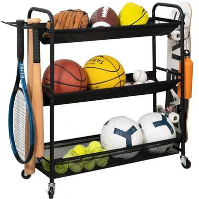 Basketball Rack 3Shelf Training Stand Ball Holder Sports Ball Cart Garage Organizer Ball Basket Storage Ball Rack For Garage Or Gym Indoor Outdoor Sports Equipment Organizer