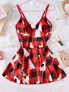 全新性感内衣毛绒圣诞鹿格子连衣裙 - 紅色 - 查看 5