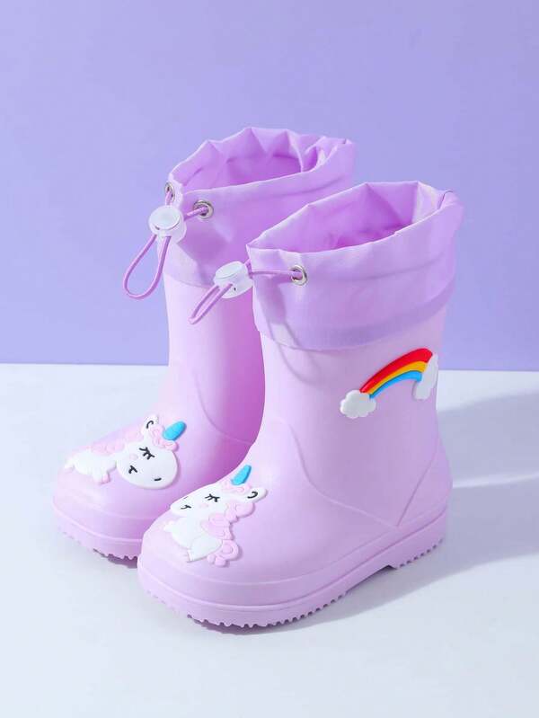 2025 New Children's Mid-Calf Rain Boots, Thick Warm Durable Rubber Boots, Cute Cartoon Drawstring Design, Waterproof, High-End Rubber Shoes For Boys & Girls, Elementary School Students, Fresh Style Mid-Calf Rain Boots