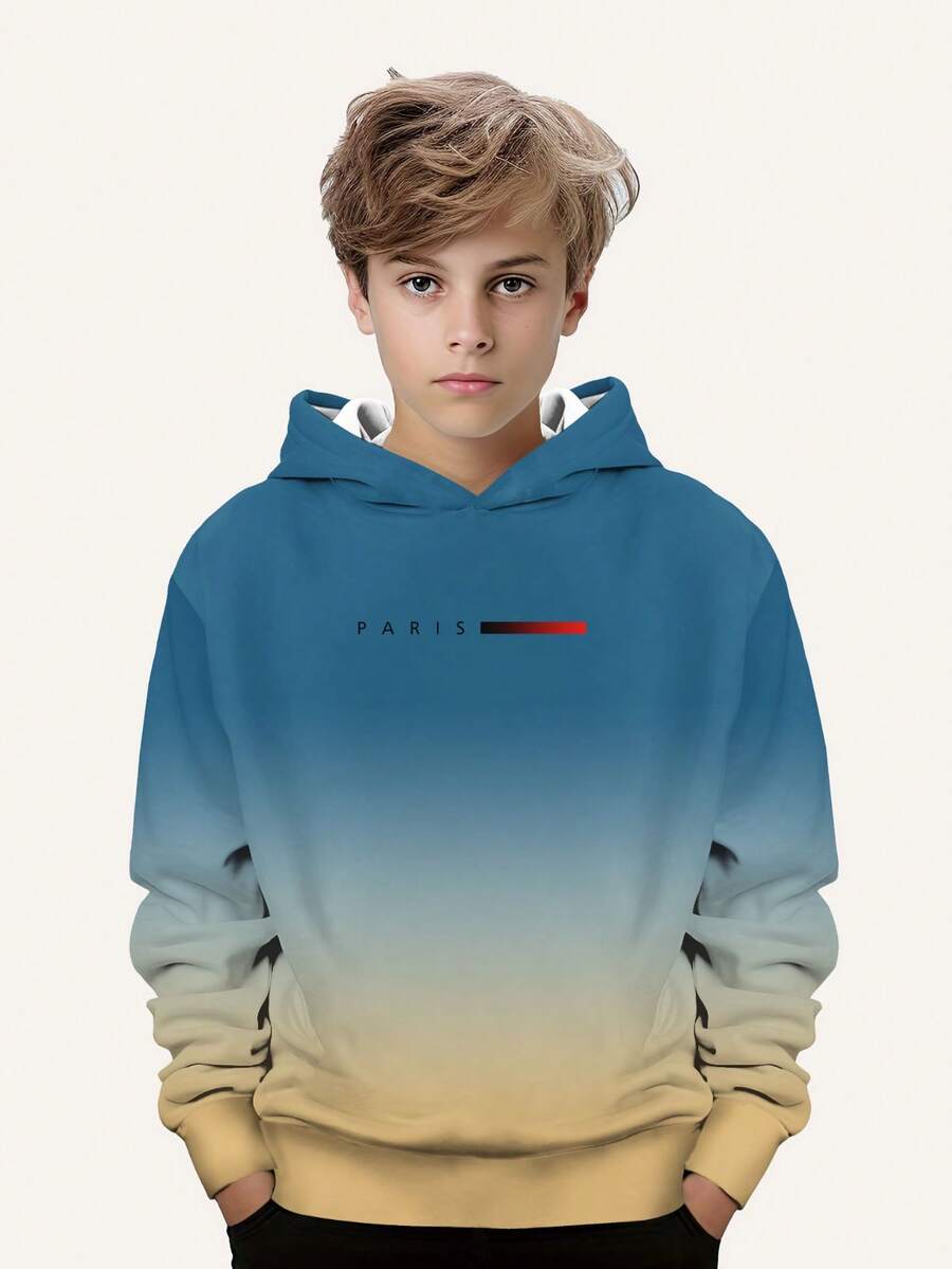 青少年男童时尚印花休闲卫衣 - 长袖圆领套头衫，适合春秋季穿着，酷炫图案印花 - 藍色 - 查看 1