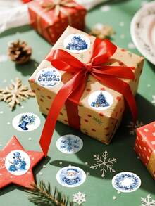 500pcs Blue Christmas Round Stickers Winter Wonderland Aesthetics Stickers Featuring Santa Snowman Snowflake Labels Stickers For Scrapbooking, Diary, DIY Crafts, Water Bottles, Laptop Paper Material Merry Christmas Party Decorations Supplies 2025 Seasonal Gifts & Stars