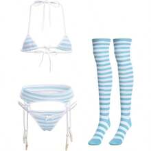 Women Cute Kawaii Anime Lingerie Set Halter Strap Micro Bra Tiny Panty Garter Belt Striped Stockings 4Pcs Underwear - trắng - Xem 1