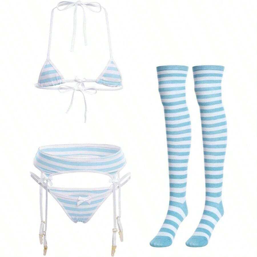 Women Cute Kawaii Anime Lingerie Set Halter Strap Micro Bra Tiny Panty Garter Belt Striped Stockings 4Pcs Underwear - trắng - Xem 1