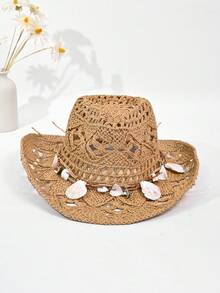 1 件草编巴拿马草帽，贝壳装饰，时尚个性化复古风，适合海滩、露营、旅行、骑行、摄影、约会、主题公园、游艇派对、音乐会