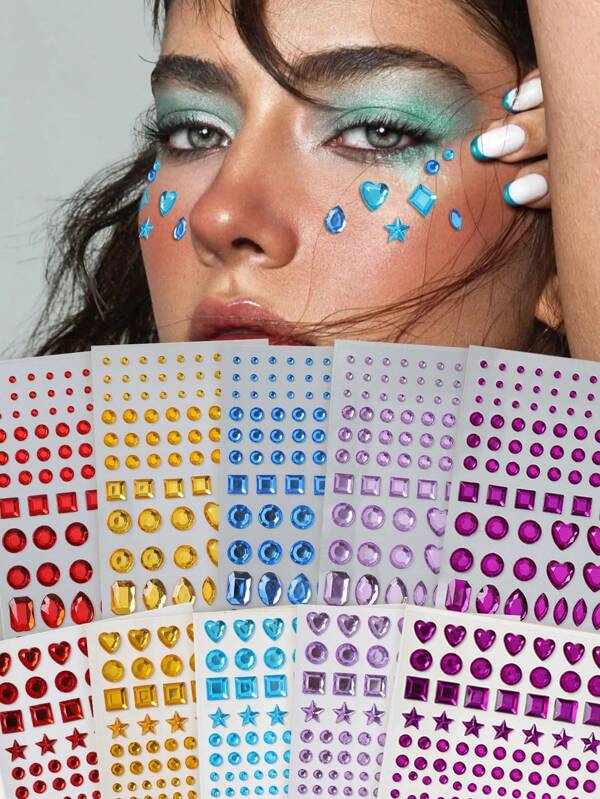 3D Rhinestone Assortment Set - Includes Radiant Star, Heart, Water Drop, Square Faux Jewel Decals For Face, Hair, Eyes, Body Decoration, Suitable For Y2K, Festivals, Parties, Concerts, Cosplay
