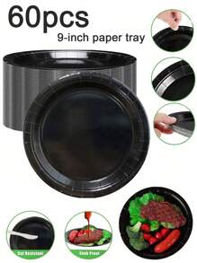 60pcs Black 9-Inch Paper Tray, Disposable Paper Tray, Dining Plate, Party Plate, Suitable For Parties, Birthdays, Weddings, Holidays, Picnics, Travel Sets, Home Decoration, Holiday Supplies, Kitchen Supplies, Restaurant Decoration, Disposable Kitchenware, Cooking Utensils - Multicolor - View 1