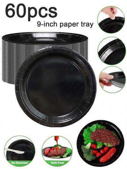 60pcs Black 9-Inch Paper Tray, Disposable Paper Tray, Dining Plate, Party Plate, Suitable For Parties, Birthdays, Weddings, Holidays, Picnics, Travel Sets, Home Decoration, Holiday Supplies, Kitchen Supplies, Restaurant Decoration, Disposable Kitchenware, Cooking Utensils