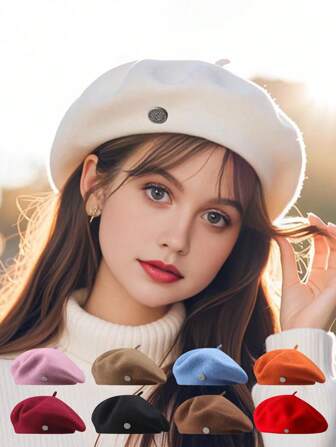 1pc/2pcs Set Women Breathable Knit Beret Hat & Rhinestone Hair Clip, With Women Sunglasses, Pearl Earrings, Vintage Solid Color Artist Painter Hat, Suitable For Daily Wear, Casual Beach, Shopping, Best Gift For Girlfriend