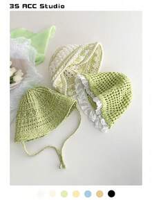 1 Pc Lace Trim Hollow Straw Hat For Women, Summer Lightweight Breathable Small Face Bucket Hat, Large Brimmed Bucket Hat - Straw - View 13