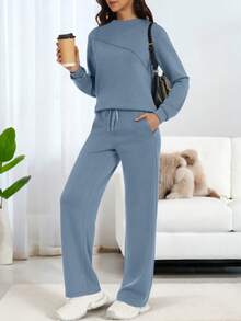 Casly Lamiit Women's 2 Piece Lounge Comfort Set - Boat Neck Sweater & Airy Wide Leg Pants Autumn Travel Casual Clothing - Blue Grey - 查看 2