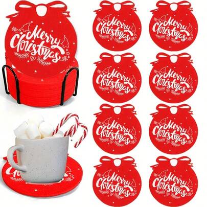 8/16 porta-copos de Natal, almofadas isolantes de feltro vermelho Feliz Natal, porta-copos para café, porta-copos para bebidas, decoração de mesa de Natal e presentes de Ano Novo