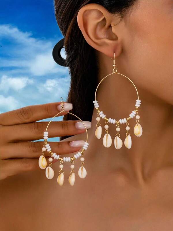 1 Pair Earthy Jewelry Summer Beach Style Shell & Bead Dangle Hoop Earrings, Women Casual Beach Vacation Matching Ear Rings