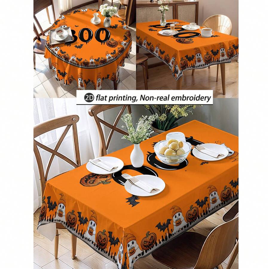 1pc Halloween Pumpkin, Ghost, Bat Pattern Tablecloth, Seasonal Kitchen/Dining Table Decor, Round Or Rectangular Sizes Available, Polyester Material, Indoor/Outdoor Party Decoration, Halloween Holiday Decor, Home Kitchen Decor