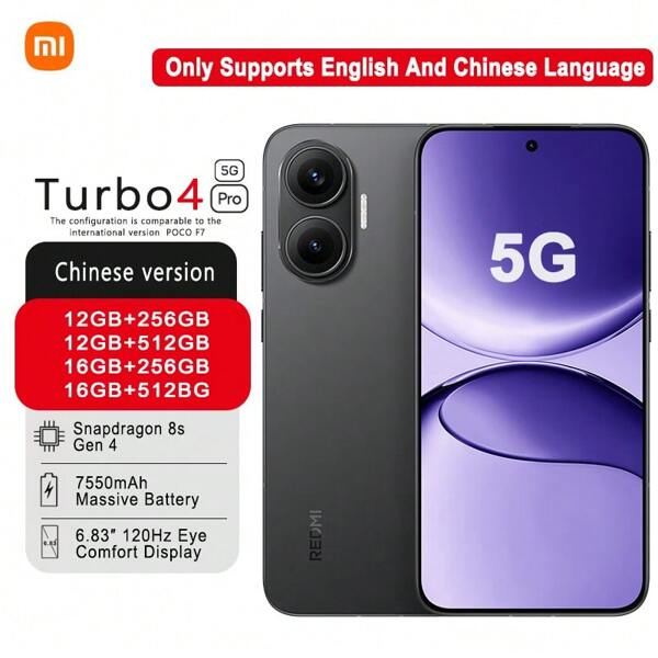 Xiaomi Redmi Turbo4 Pro Smartphone : Snapdragon 8s Gen4 (4nm), 7550mAh High-Capacity Battery For Long-Lasting Endurance, 6.83-Inch Eye-Care Display, And 3D Ice-Cooling Thermal System,Only Supprots English And Chinese Language.