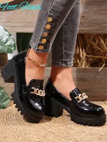 Foot Flair Women's Metal Chain Decor Waterproof Platform Round Toe Slip-On Thick Sole High Heel Shoes, Vintage Style, Plus Size, PU Leather Oxford Pumps, Black, British Style, Work Flats, Spring/Autumn