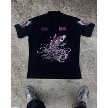 LOF1 Black Polo Shirt With Various Prints: Style And Personality In The Spotlight Loose Summer No Polo Collar - 黑魚/鯉魚 - 查看 1