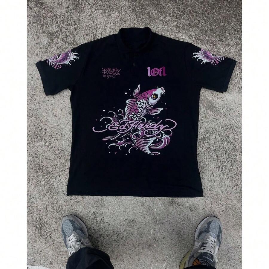 LOF1 Black Polo Shirt With Various Prints: Style And Personality In The Spotlight Loose Summer No Polo Collar - 黑魚/鯉魚 - 查看 1