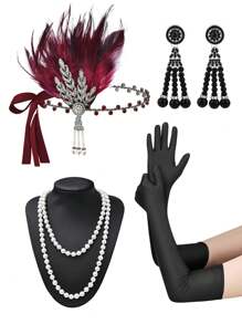 D EXCEED 1/4/6 件女士 1920 年代 Flapper Gatsby 配饰套装万圣节派对 Great Gatsby 女士复古时尚人造羽毛头带发饰新娘头饰表演舞台道具配饰