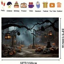 1pc 2D Flat Banner Halloween Photography Background Cloth - Terrifying Pumpkin Ghost Forest Scene, Suitable For Birthday Parties/Adult And Children's Activities (No Power Required), Scary Night Design, Bright Printing Quality, Festive Atmosphere, Photography Background, Portrait Studio